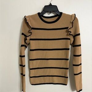Striped Ruffle Sleeve Ribbed Sweater Top - Tan and Black Size Small